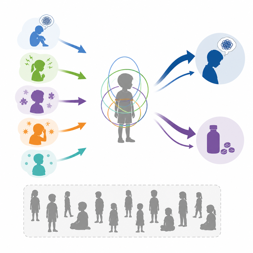 Figure 2. كيف ترتبط اضطرابات نفسية أطفال مختلفة وتداخلها بالأفكار الانتحارية والمحاولات وقلة الحصول على علاج.