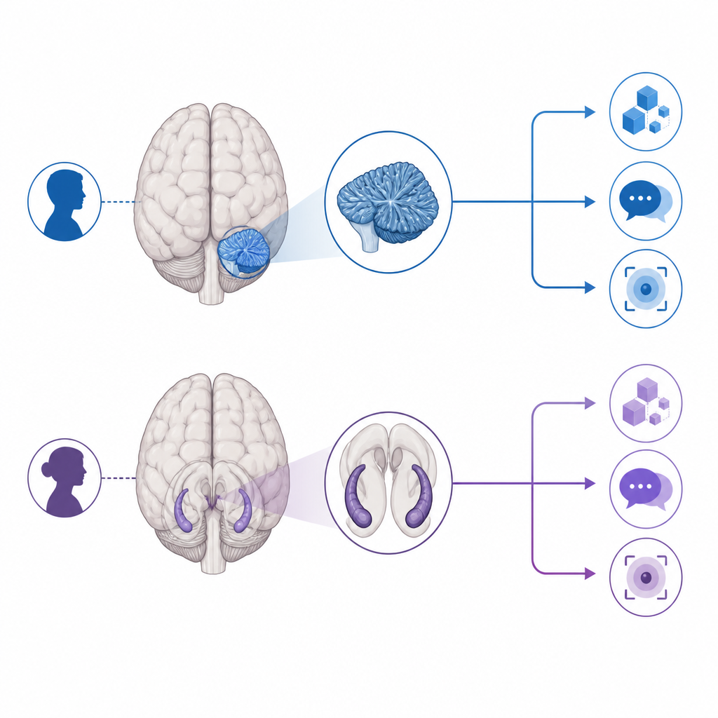 Figure 2. How two brain regions connect differently to memory, language, and attention in men and women with mild memory problems.