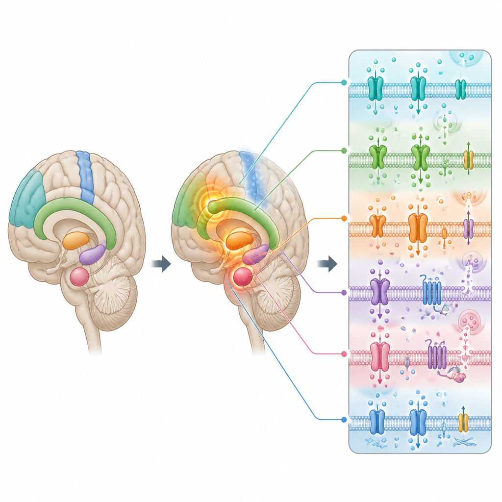 Figure 2. Specific brain hubs show altered activity tied to structural thinning, ion channel genes, and mood-related neurotransmitters.