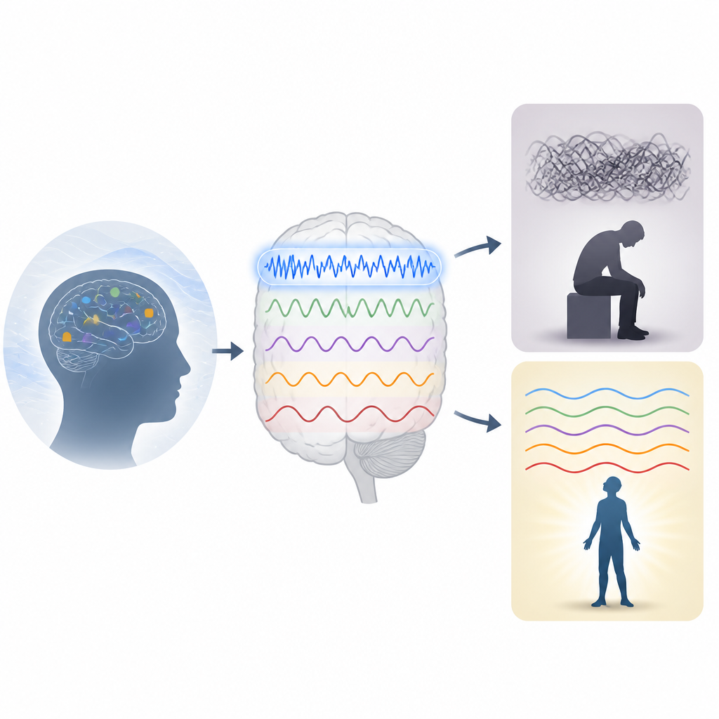 Figure 1. How fast brain waves link depression, brain networks and recovery when treatments restore healthier rhythms.