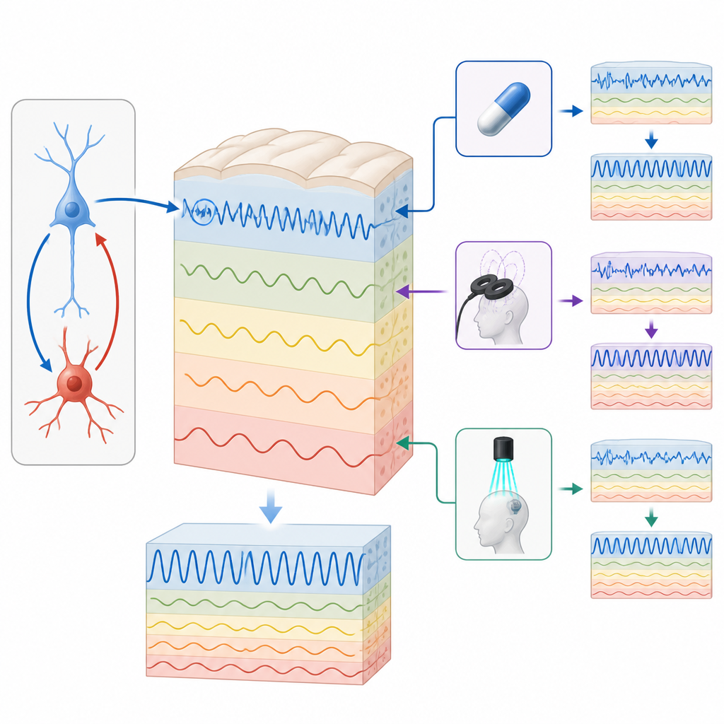 Figure 2. How cell circuits and treatments like drugs, brain stimulation and light reshape fast brain waves tied to mood.
