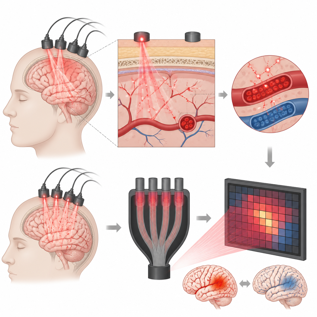 Figure 2. يمرُّ الضوء القريب من الأشعة تحت الحمراء عبر طبقات الرأس والأوعية الدموية، ثم يُركَّز على حساس ليُظهر تغيُّرات الدم.