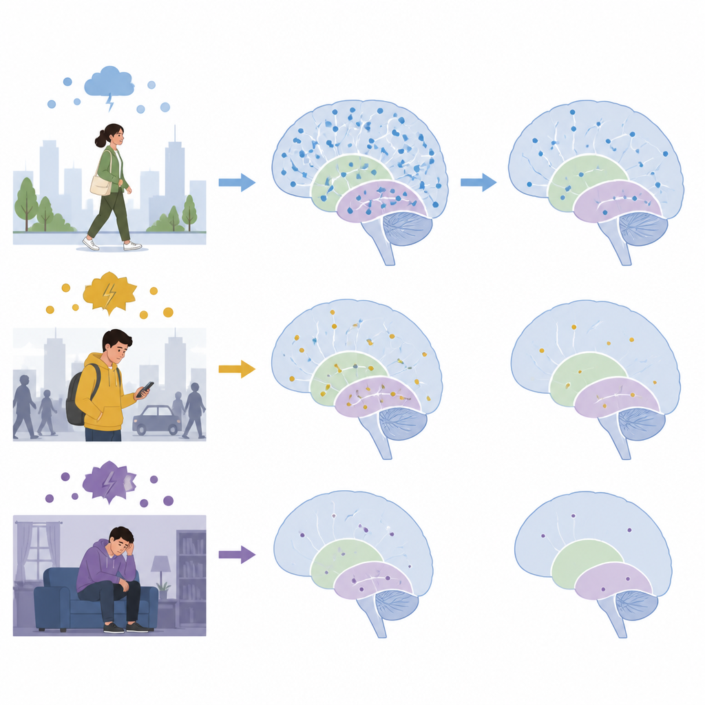 Figure 1. Come lo stress quotidiano si rapporta alle connessioni tra cellule cerebrali nelle persone sane e in quelle a rischio di psicosi.