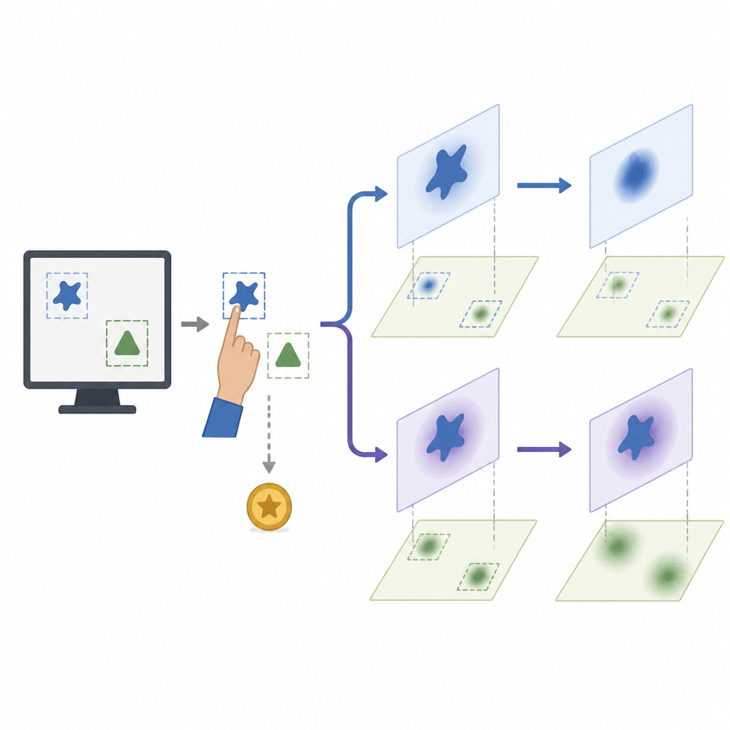 Figure 2. How focusing on the right feature, not random screen position, changes learning in a reward game.