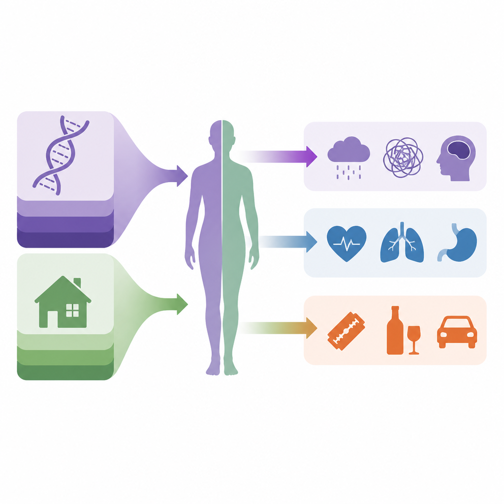 Figure 2. Wie gemeinsame Gene und Lebenserfahrungen zusammen Borderline-Merkmale mit Schlaf, Gesundheitsproblemen und Selbstverletzung verbinden.