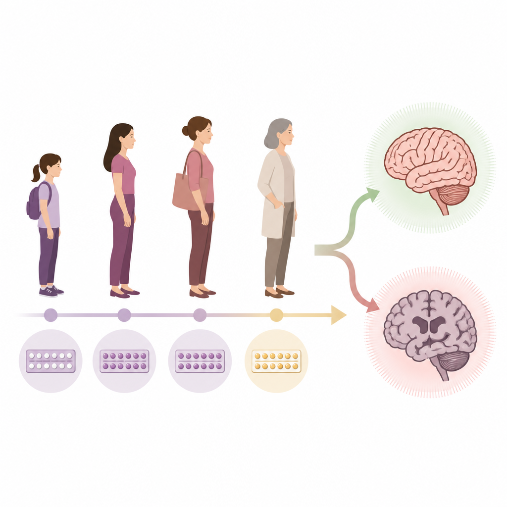 Figure 1. كيف يرتبط استخدام حبوب الهرمونات على مدار حياة المرأة باحتمال إصابتها بالخرف في سنّ متقدمة.