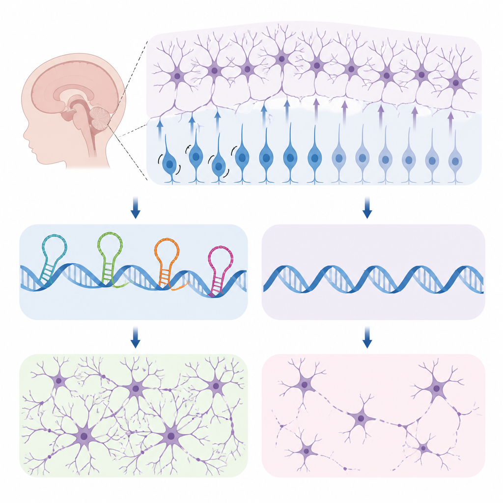 Figure 1. Fetal beyin kök hücrelerindeki DNA-RNA döngüleri, nöron genlerinin etkinleşme zamanlamasına ve sağlıklı devre oluşumuna yardımcı olur