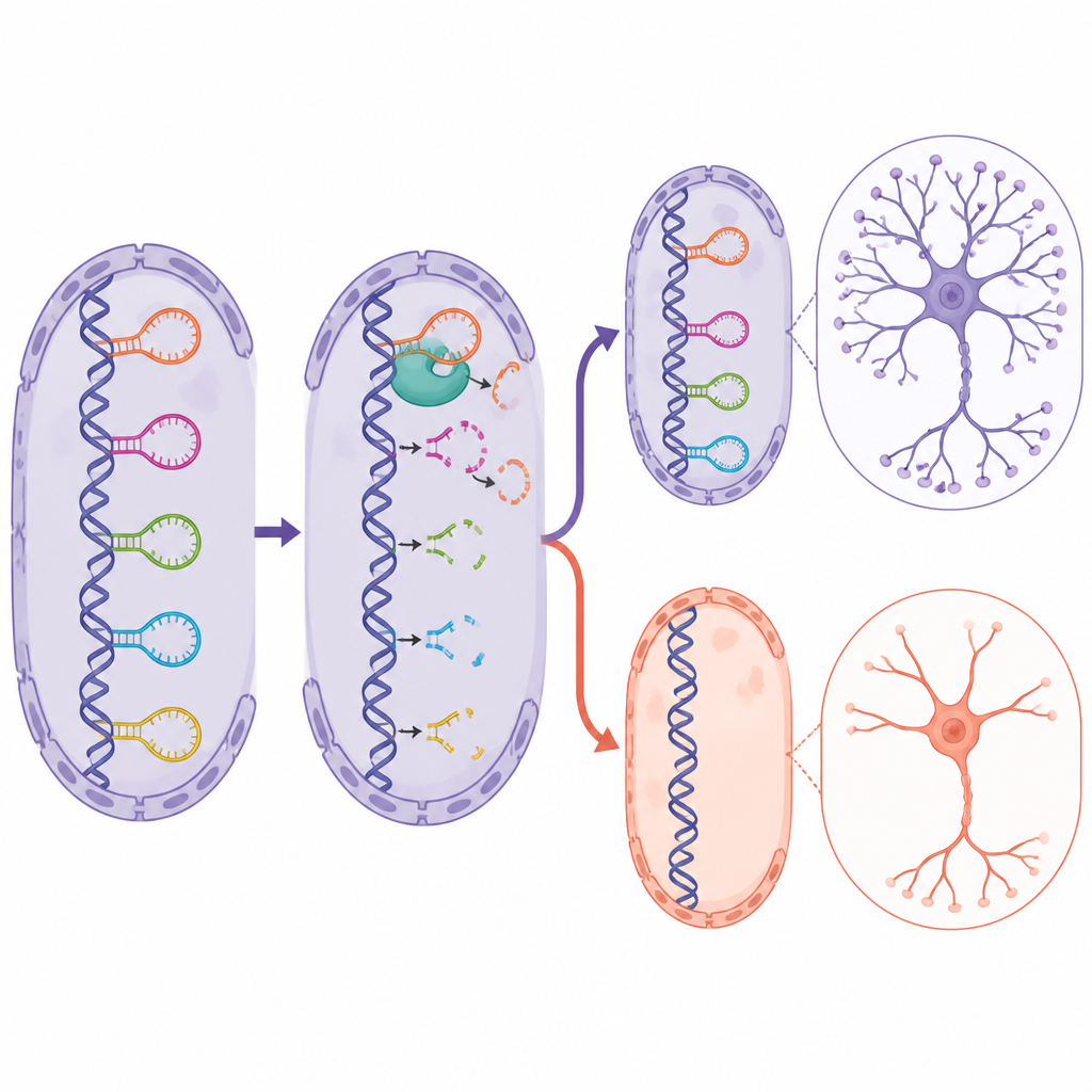 Figure 2. Gelişen beyin hücrelerindeki DNA-RNA döngülerinin azaltılması, nöron büyümesini, dallanmayı ve ağ etkinliğini değiştirir