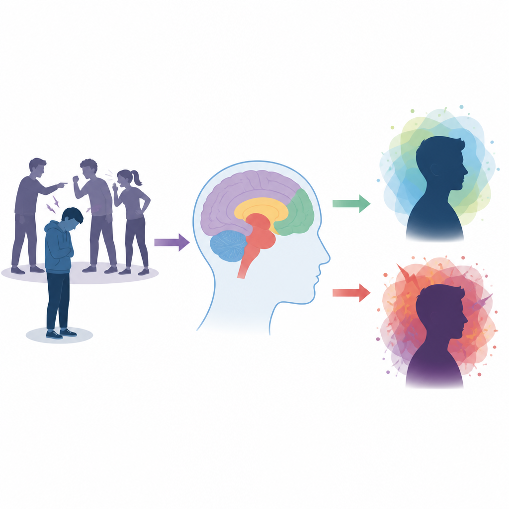 Figure 1. Como o bullying repetido na adolescência pode moldar o desenvolvimento cerebral e o bem‑estar emocional futuro.