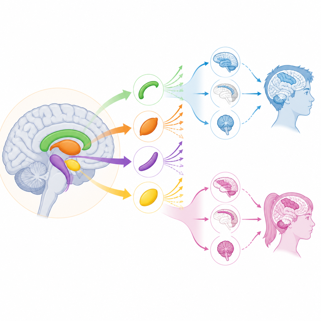 Figure 2. Como o bullying se relaciona com maior crescimento em regiões cerebrais profundamente emocionais e menor crescimento em áreas de pensamento e sensoriais.