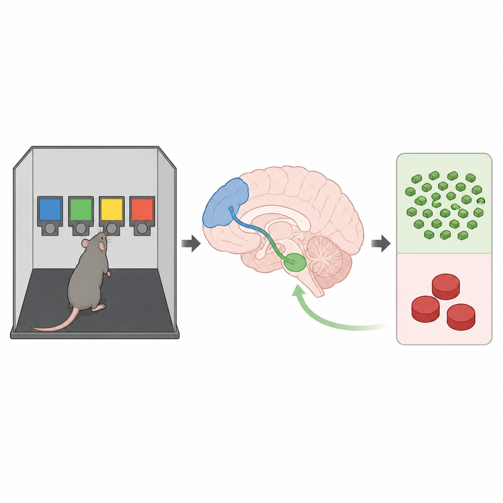 Figure 1. Hoe cocaïne ratten van veilige naar risicovolle keuzes verschuift en hoe het afstemmen van één hersenbaan veiligere beslissingen kan herstellen.