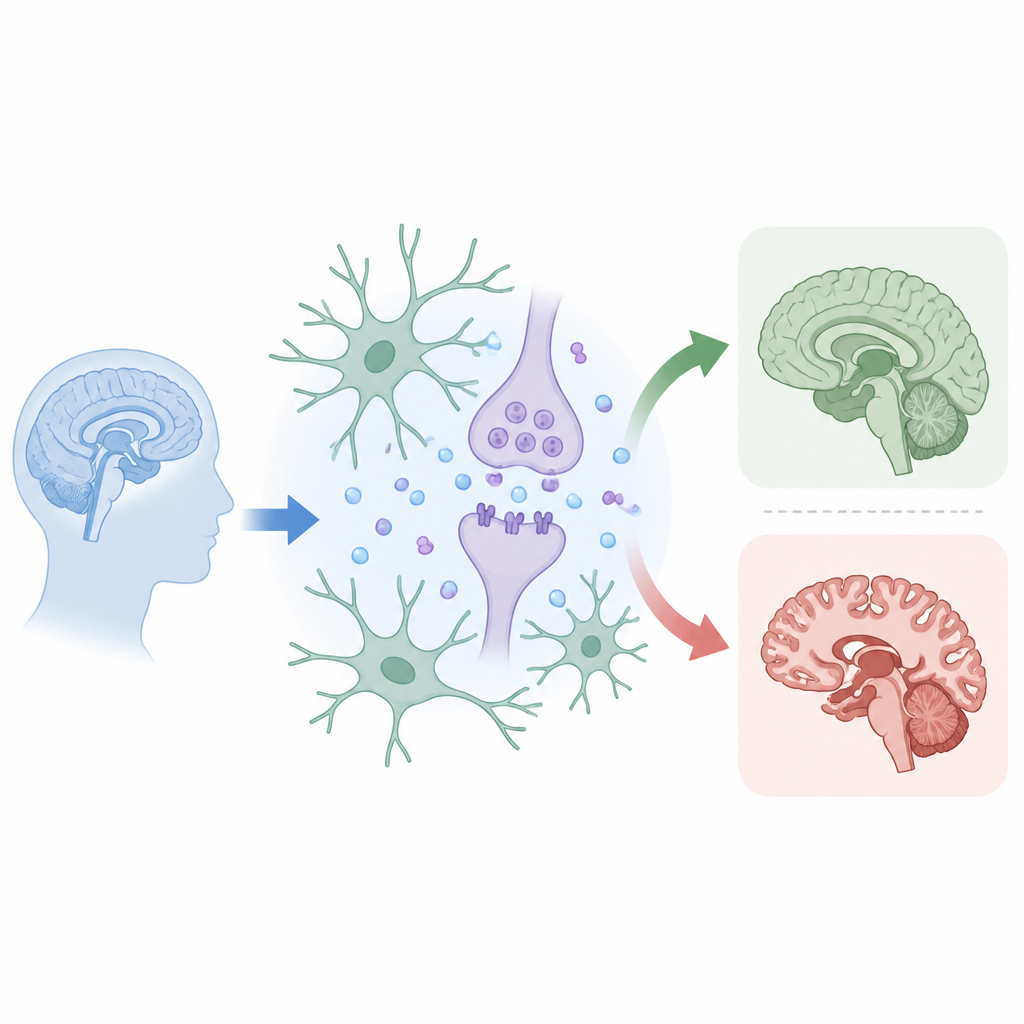Figure 1. Wie ein synaptisches Protein und Signale von Stützzellen zusammen im Liquor frühe Alzheimer‑Risiken anzeigen.
