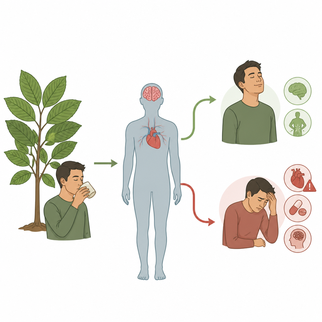 Figure 1. Wie Kratom vom Pflanzenstoff zum Körper wirkt und zu gemischten Ergebnissen bei Schmerzreduktion, Stimmung und Sicherheitsrisiken führt.