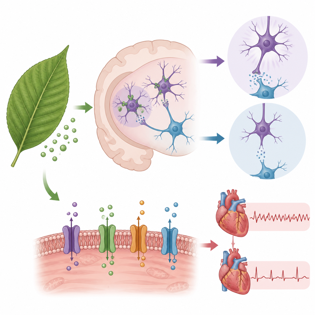 Figure 2. Wie die Hauptverbindung von Kratom die Signalübertragung im Gehirn und in Herzmuskelzellen verändert und dadurch sowohl Nutzen als auch Gefahren formt.