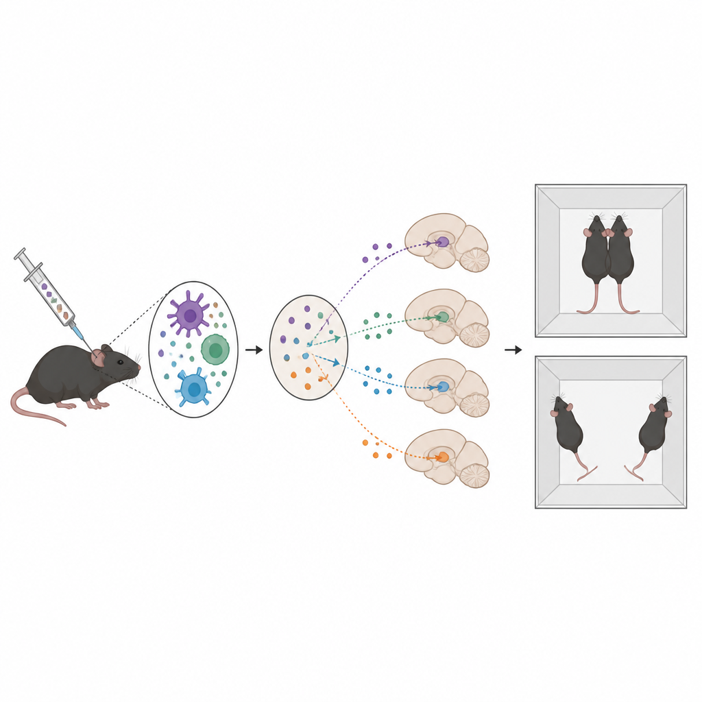 Figure 2. How an immune trigger in the body sends signals to the brain that alter social spacing between male and female mice.