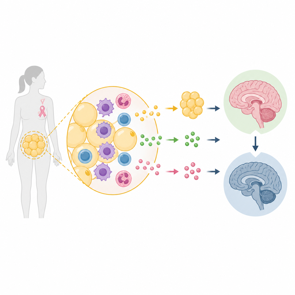 Figure 2. How changes in fat tissue signals and immune messengers may influence depressive symptoms in breast cancer.