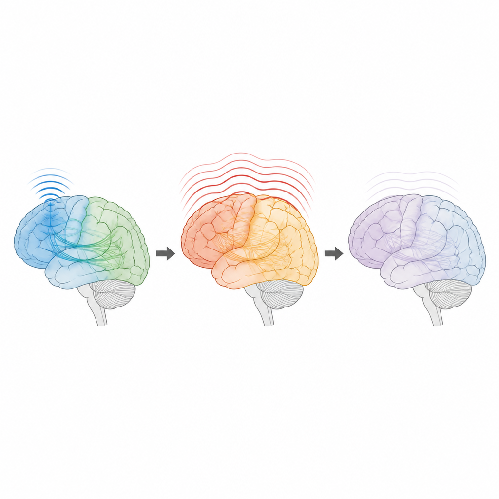 Figure 1. Gehirnnetzwerke, die einem Psychoserisiko ausgesetzt sind, verlieren ihre charakteristischen Rhythmusmuster und stützen sich als Ausgleich auf gleichmäßigere langsame Wellen.