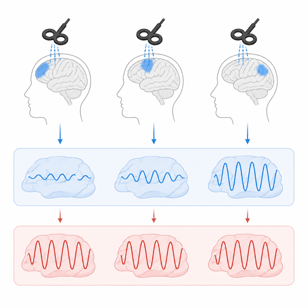 Figure 2. Magnetische Pulse an drei Hirnregionen rufen bei gesunden Personen unterschiedliche langsame Wellen hervor, während sie bei Menschen mit Psychoserisiko ähnliche, verstärkte langsame Wellen auslösen.