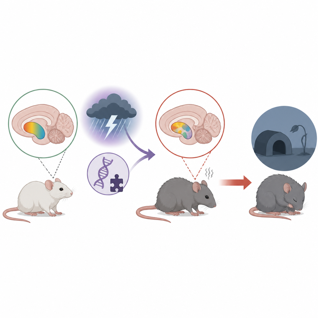 Figure 1. Hoe stress en het ontbreken van een herseneiwit vetten in het beloningscentrum verstoren en leiden van een gezonde naar een depressie‑achtige hersenstaat.