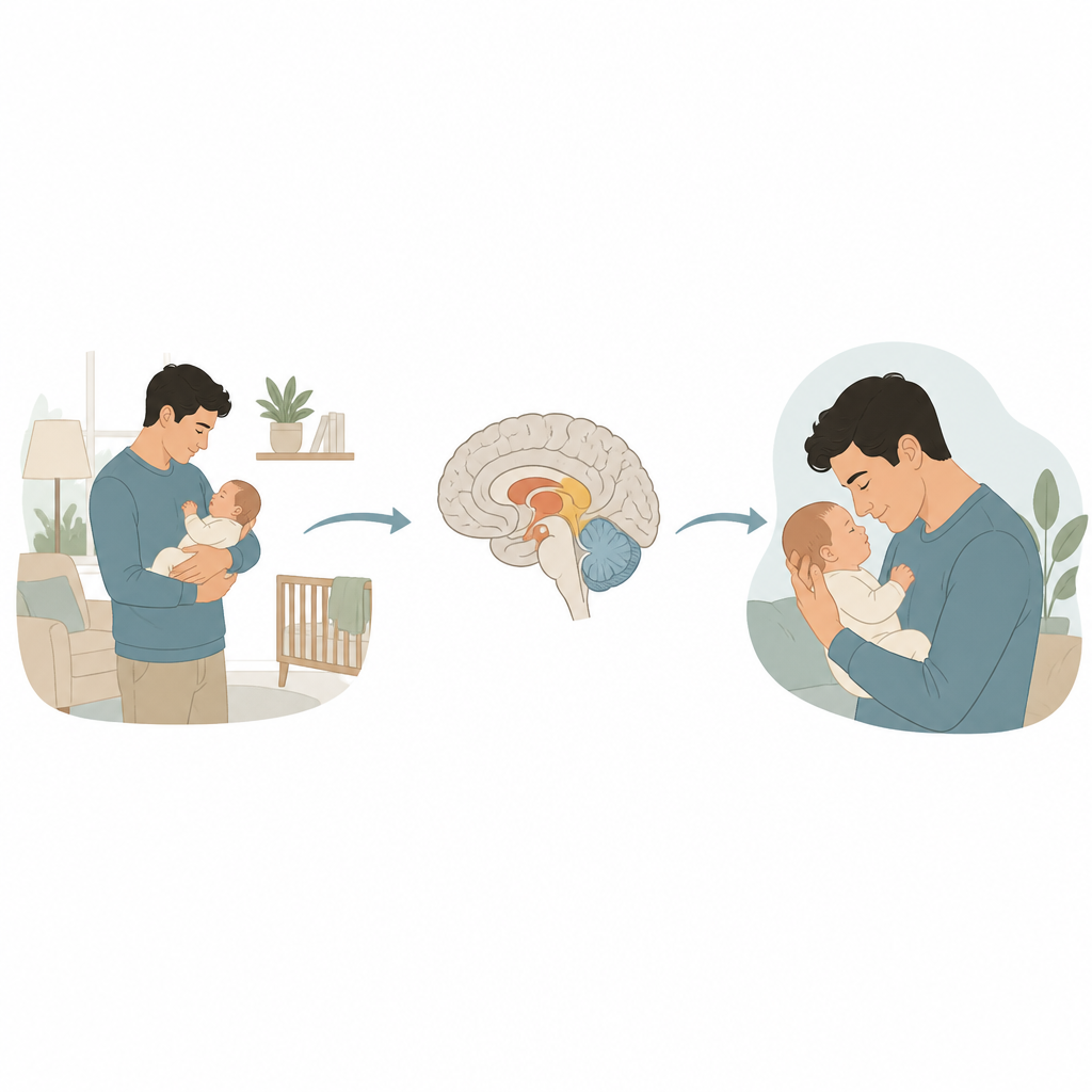 Figure 1. Hoe het brein van een nieuwe vader zich geleidelijk hervormt terwijl hij in de eerste maanden na de geboorte een band met zijn baby opbouwt.