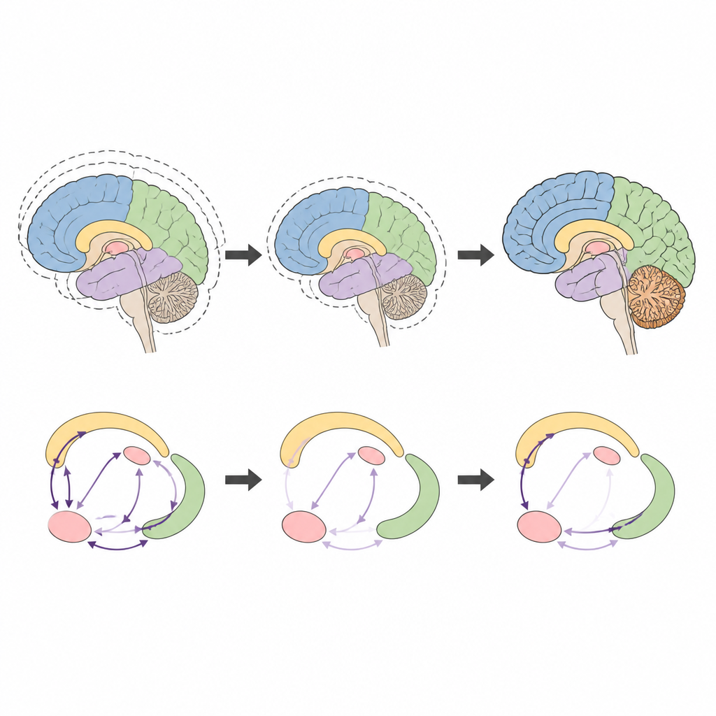 Figure 2. Stapsgewijze hersenveranderingen die vroege brede hersenhervorming en latere gerichte groei laten zien, gekoppeld aan emotionele binding bij nieuwe vaders.