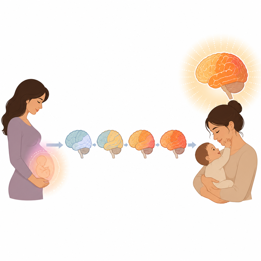 Figure 1. Cómo el embarazo y el cuidado temprano remodelan el cerebro de la madre desde el nacimiento hasta los seis meses posparto.