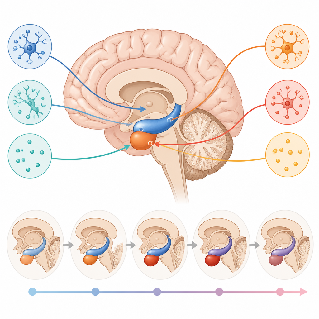 Figure 2. Cómo diferentes sustancias químicas cerebrales actúan sobre las regiones emocionales para reequilibrar el cerebro materno tras el parto.