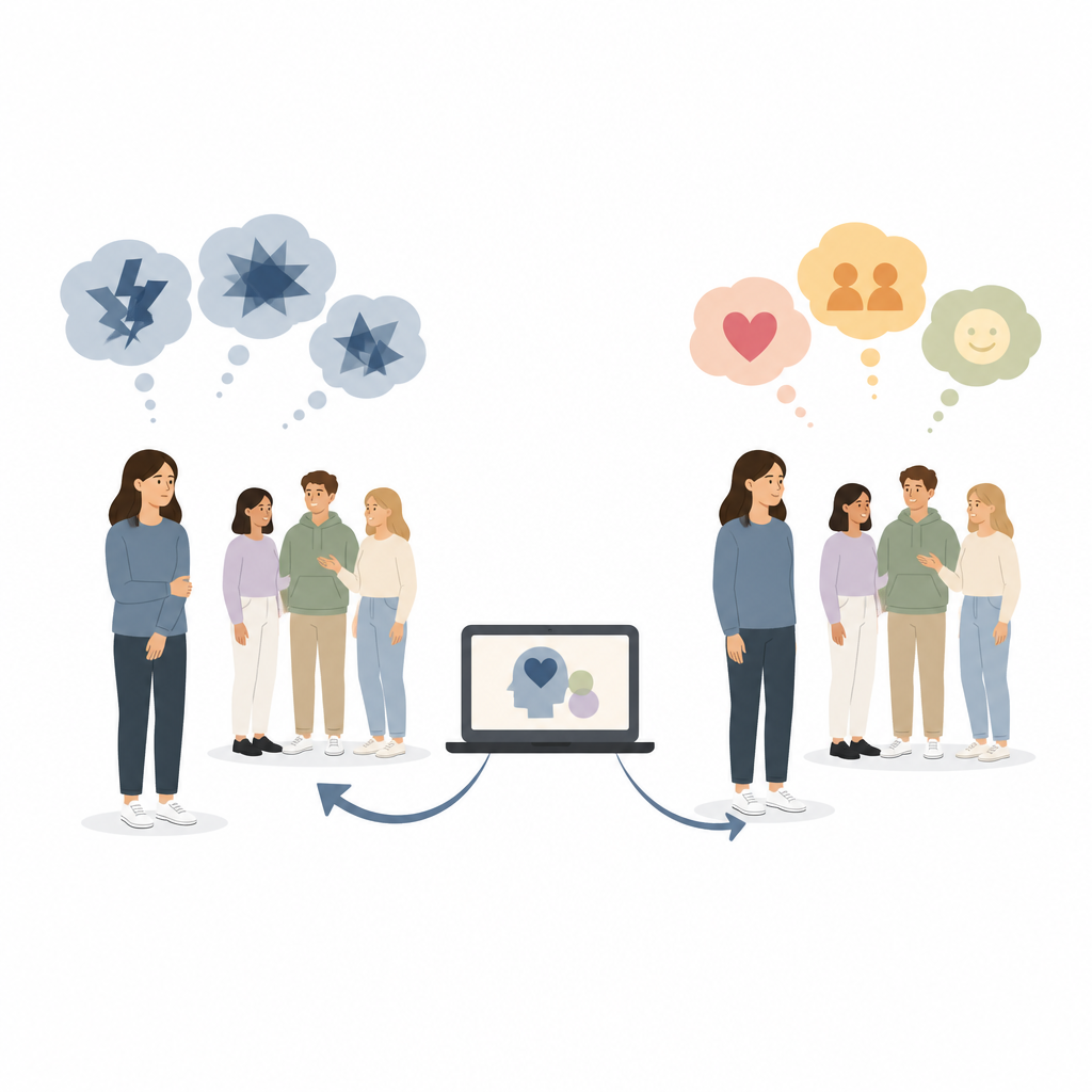 Figure 1. Online-Geschichtenübungen helfen Menschen, soziale Situationen als weniger bedrohlich zu sehen und sich im Umgang mit anderen wohler zu fühlen.