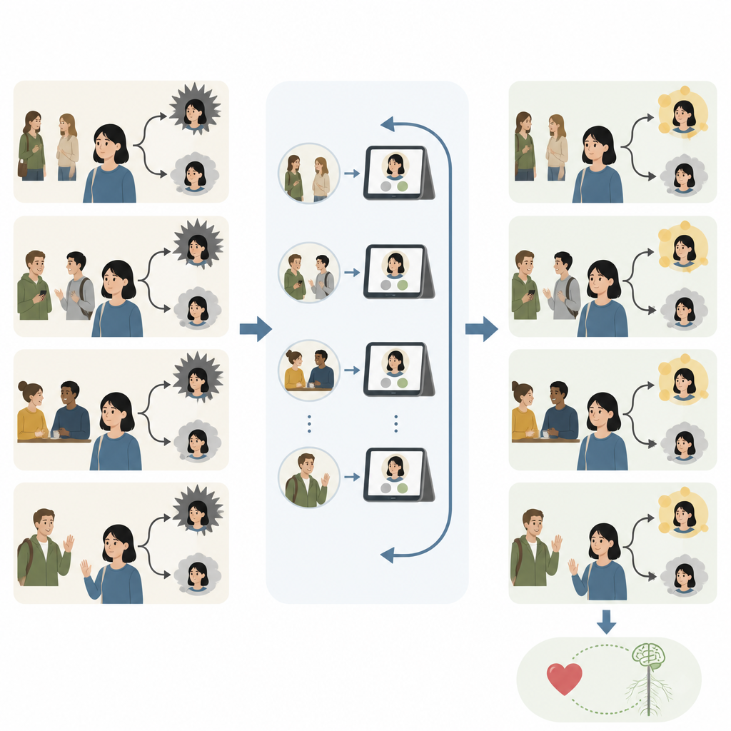 Figure 2. Schrittweises Online-Training verwandelt ängstliche Deutungen sozialer Szenen in positivere Erwartungen, was mit geringerer sozialer Angst einhergeht.