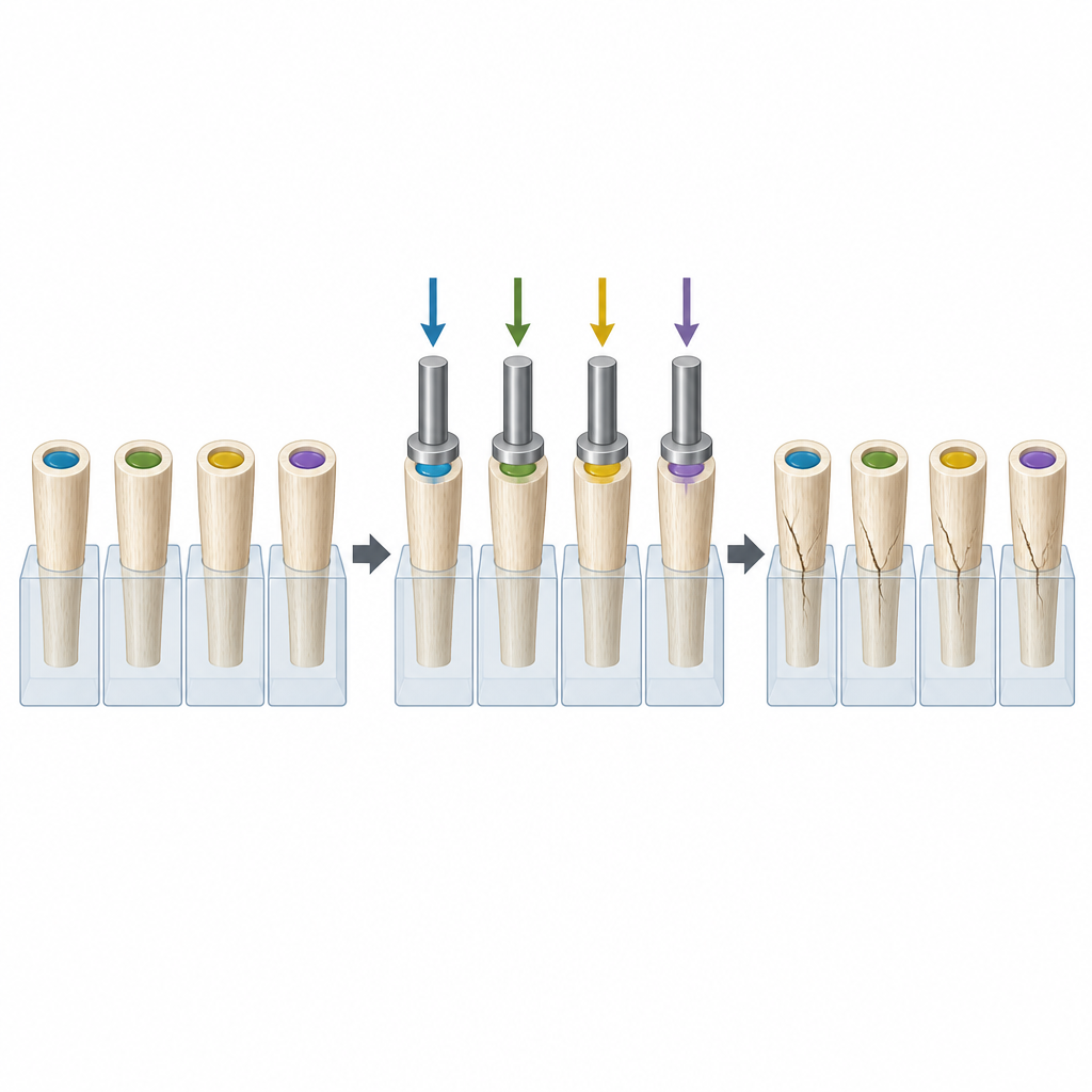 Figure 2. Test passo dopo passo su radici dentarie deterse per mostrare che liquidi diversi producono resistenza alla frattura e pattern di crepe simili.