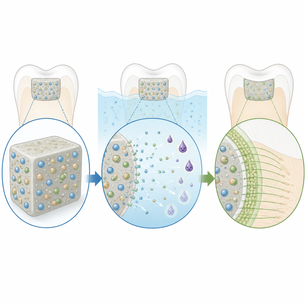 Figure 2. Step-by-step view of ions leaving a smart filling to weaken acid attacks and strengthen tooth enamel