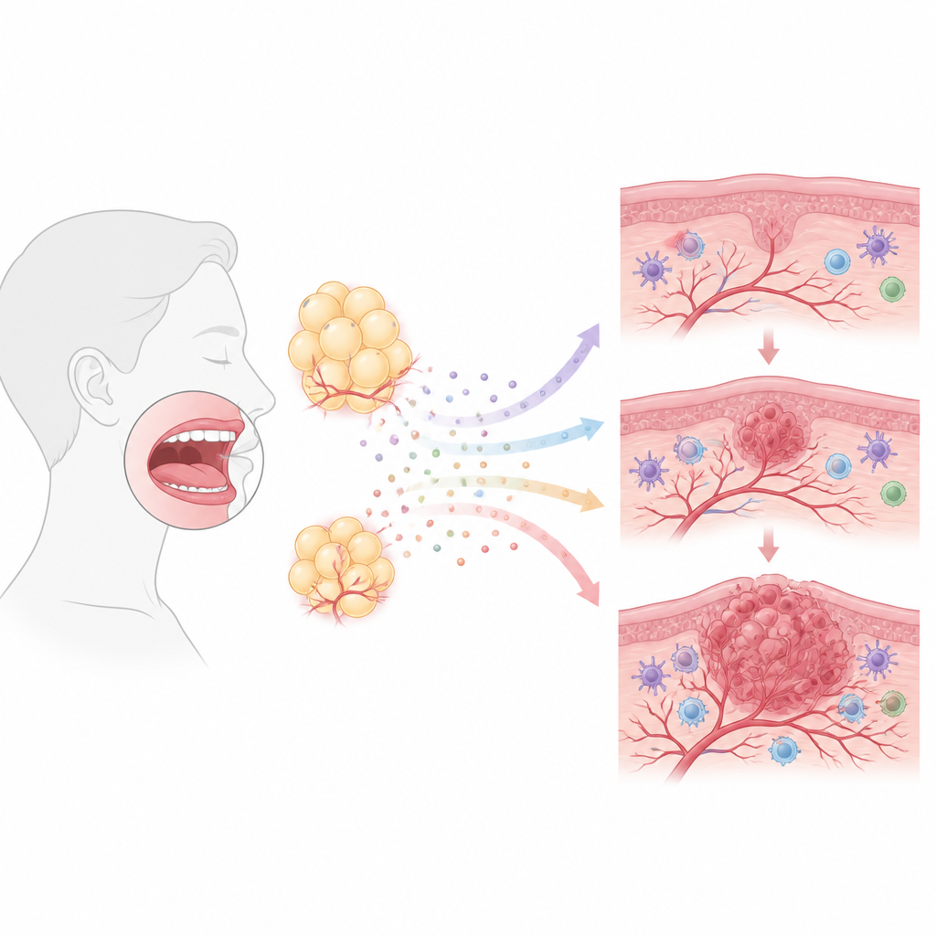 Figure 1. How chemical signals from body fat can help drive the growth and spread of mouth cancer over time.