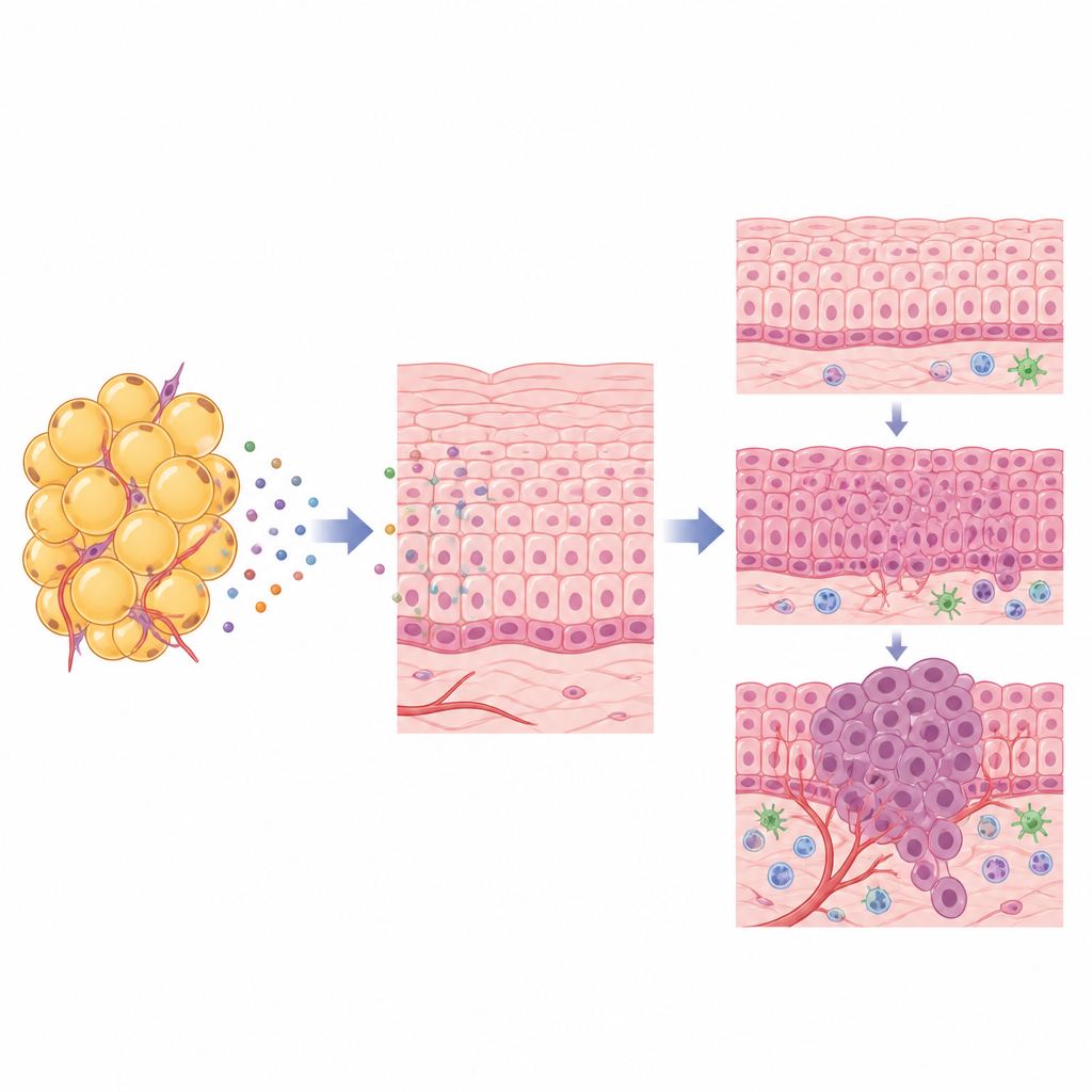 Figure 2. How messengers from nearby fat cells push normal mouth lining cells toward invasive tumor growth.