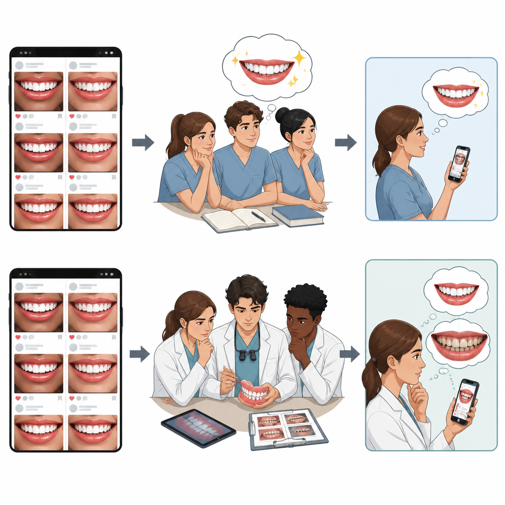 Figure 2. How clinical training shifts students from accepting perfect online smiles to judging what is realistically achievable.