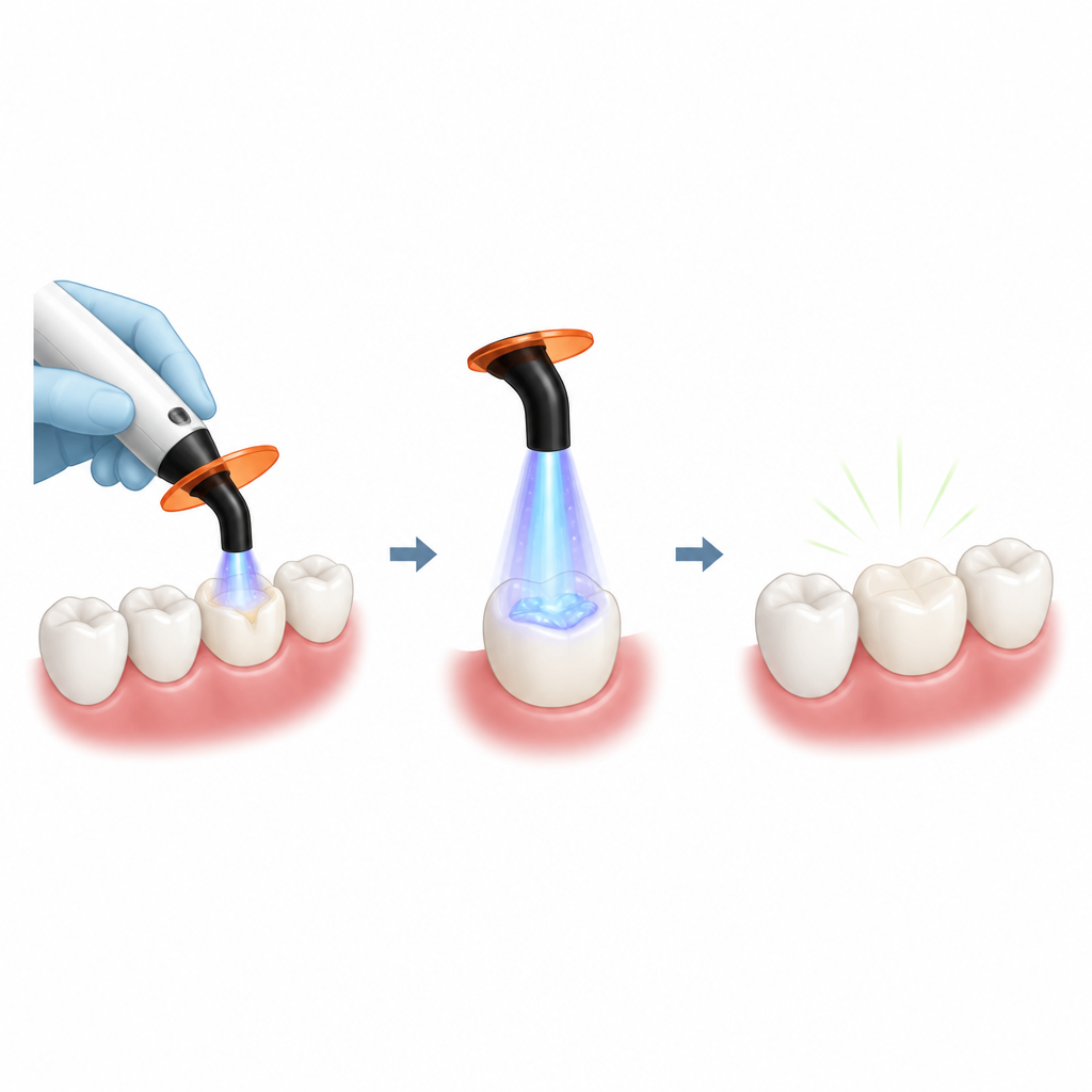 Figure 1. Comment la lumière bleue du dentiste transforme un matériau de couleur dentaire mou en une obturation ou une restauration collée solide et durable.