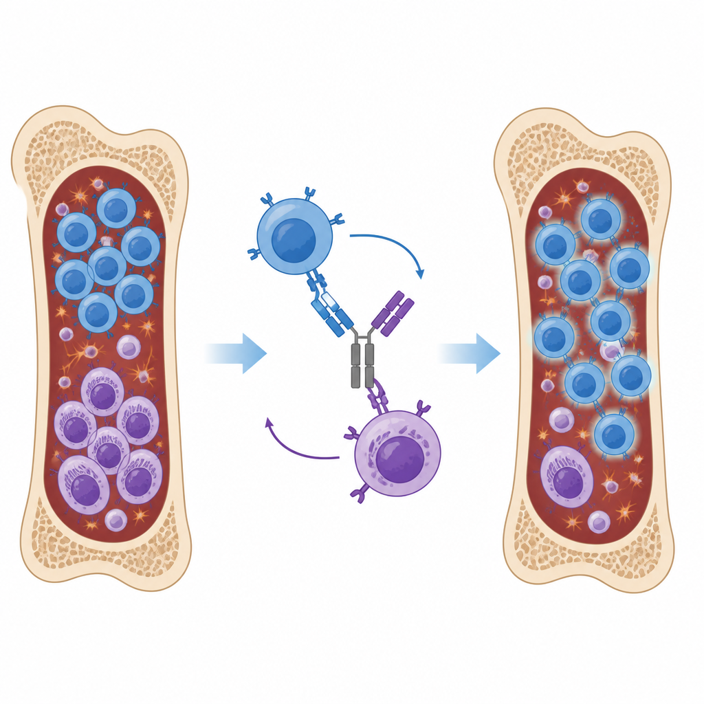 Figure 2. Bispecific antibody links immune cells to myeloma cells in bone marrow, leading to fewer cancer cells over time.