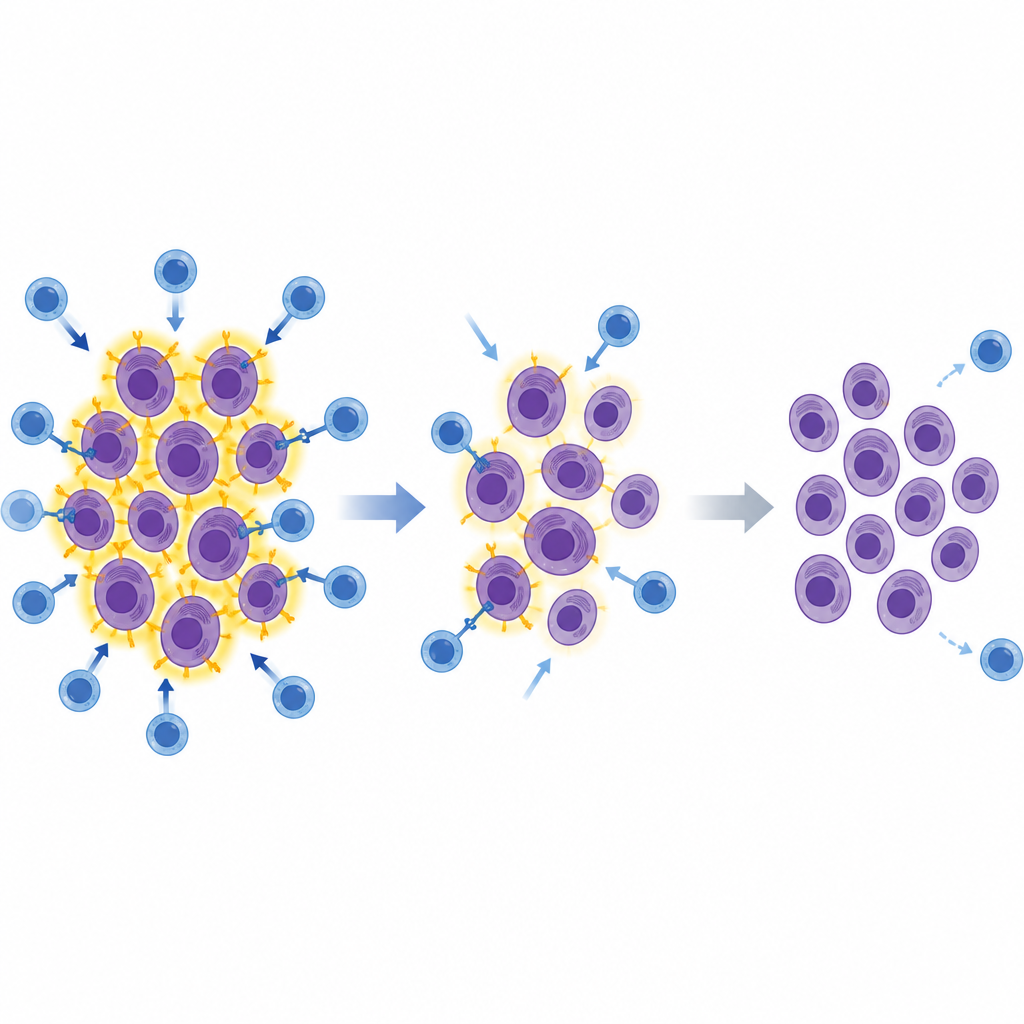Figure 2. Stepwise fading of BCMA on myeloma cells over time and how this weakens recognition and killing by CAR-T cells.