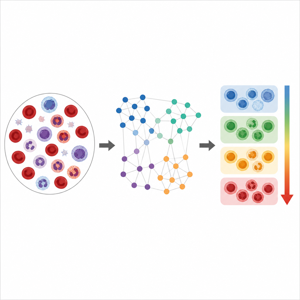 Figure 2. כיצד נתוני DNA מתאי דם עוברים עיבוד מחשבתי כדי להפריד חולים לארבע דרגות סיכון גנומיות ללוקמיה.