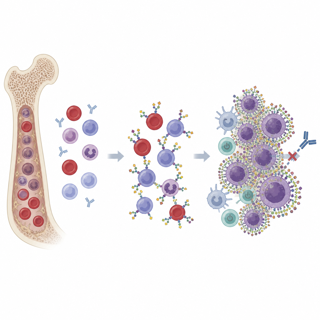 Figure 1. How altered sugar coats on blood cells help cancers grow, hide, and resist treatment across major blood cancers.