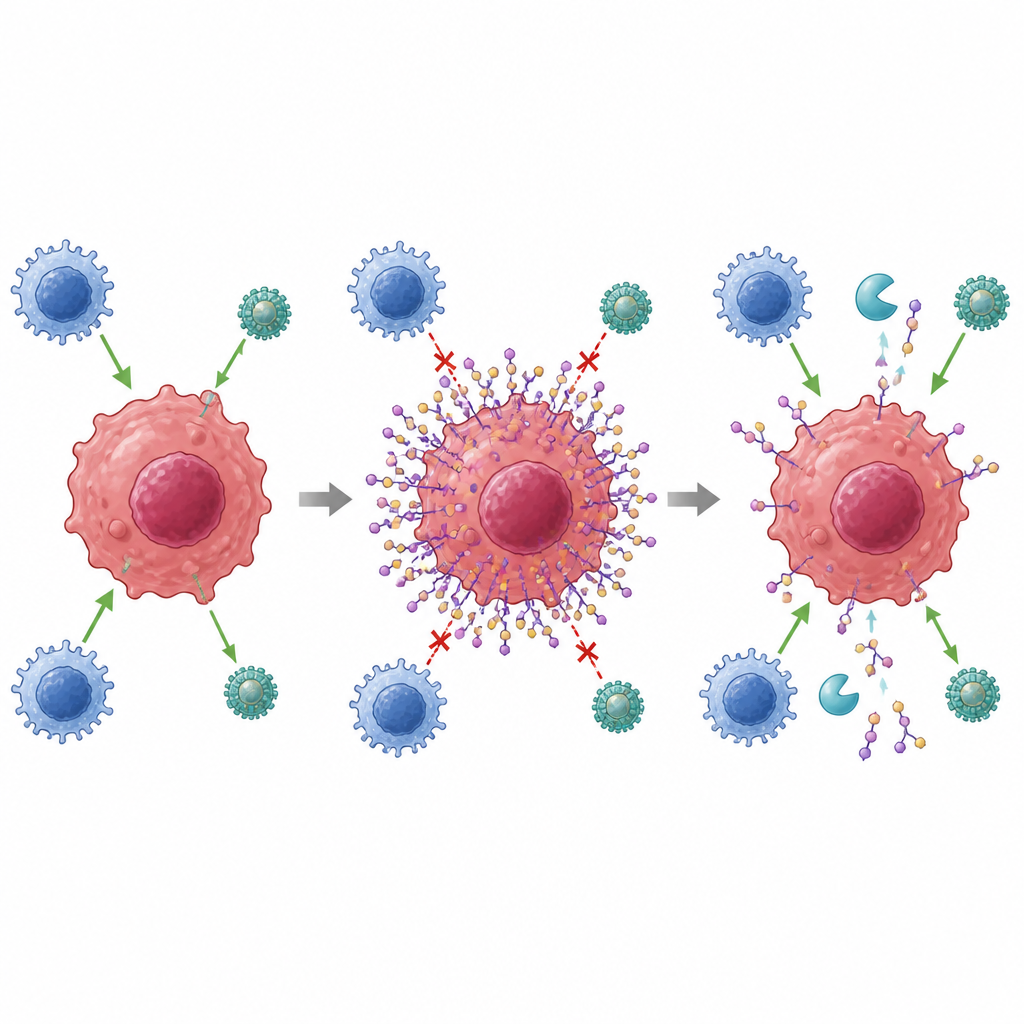 Figure 2. Step-by-step view of a cancer cell building a sugar shield and how removing it lets immune cells and drugs attack again.
