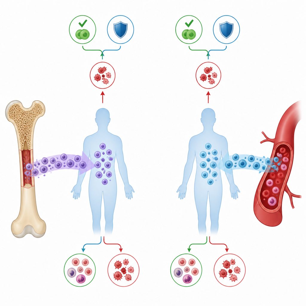 Figure 2. Beenmerg- en bloedstamceltransplantaten leiden tot vergelijkbaar herstel en risicoprofielen bij patiënten.