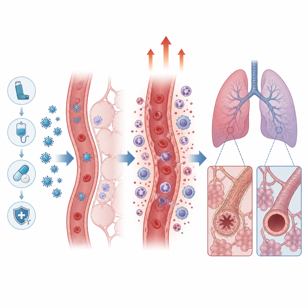Figure 2. Hoe behandelingsmedicijnen, vaatwandschade en immuuncellen samen longweefsel beschadigen na transplantatie