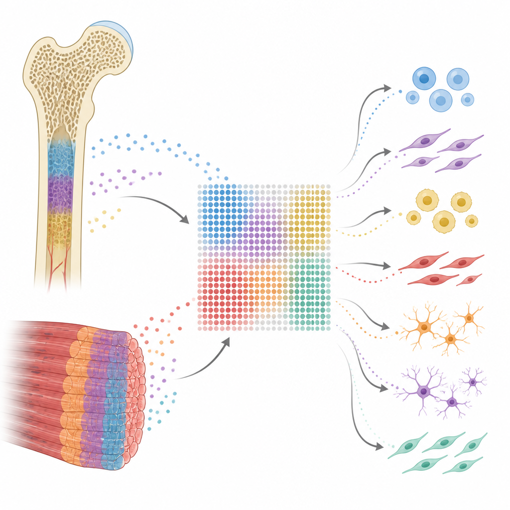 Figure 1. Come la mappatura dell’attività genica in osso e muscolo rivela conversazioni cellulari nascoste che mantengono i tessuti forti e coordinati.