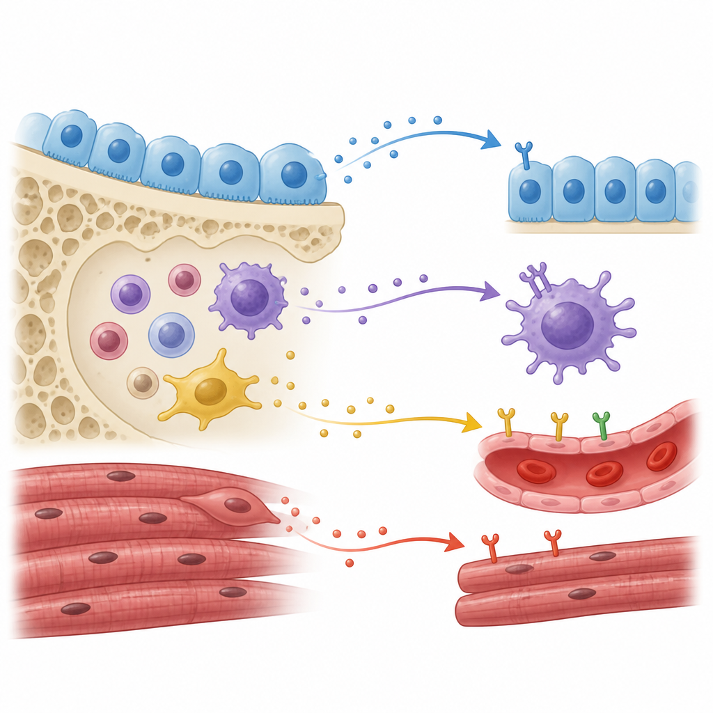 Figure 2. Come cellule ossee, muscolari, vascolari e del sistema immunitario trasmettono segnali passo dopo passo per guidare la riparazione e il rimodellamento tissutale.