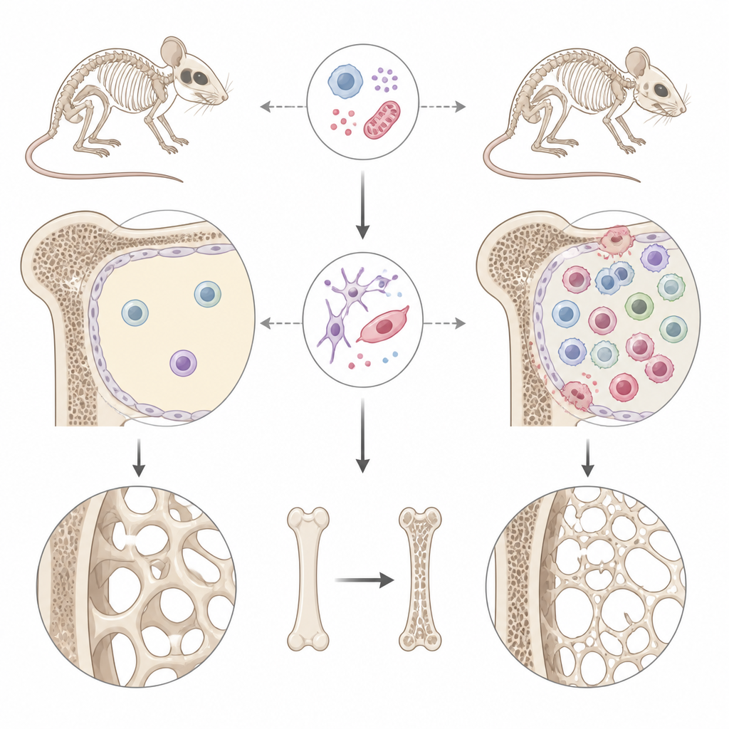 Figure 1. How aging immune cells in bone marrow tip the balance toward bone loss and fragile skeletons in mice.