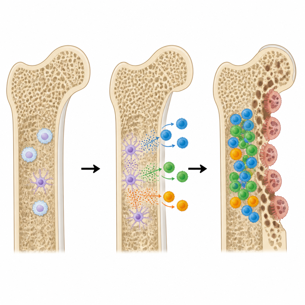 Figure 2. How marrow signals attract specific immune cells to bone surfaces where they trigger stepwise erosion of bone tissue.