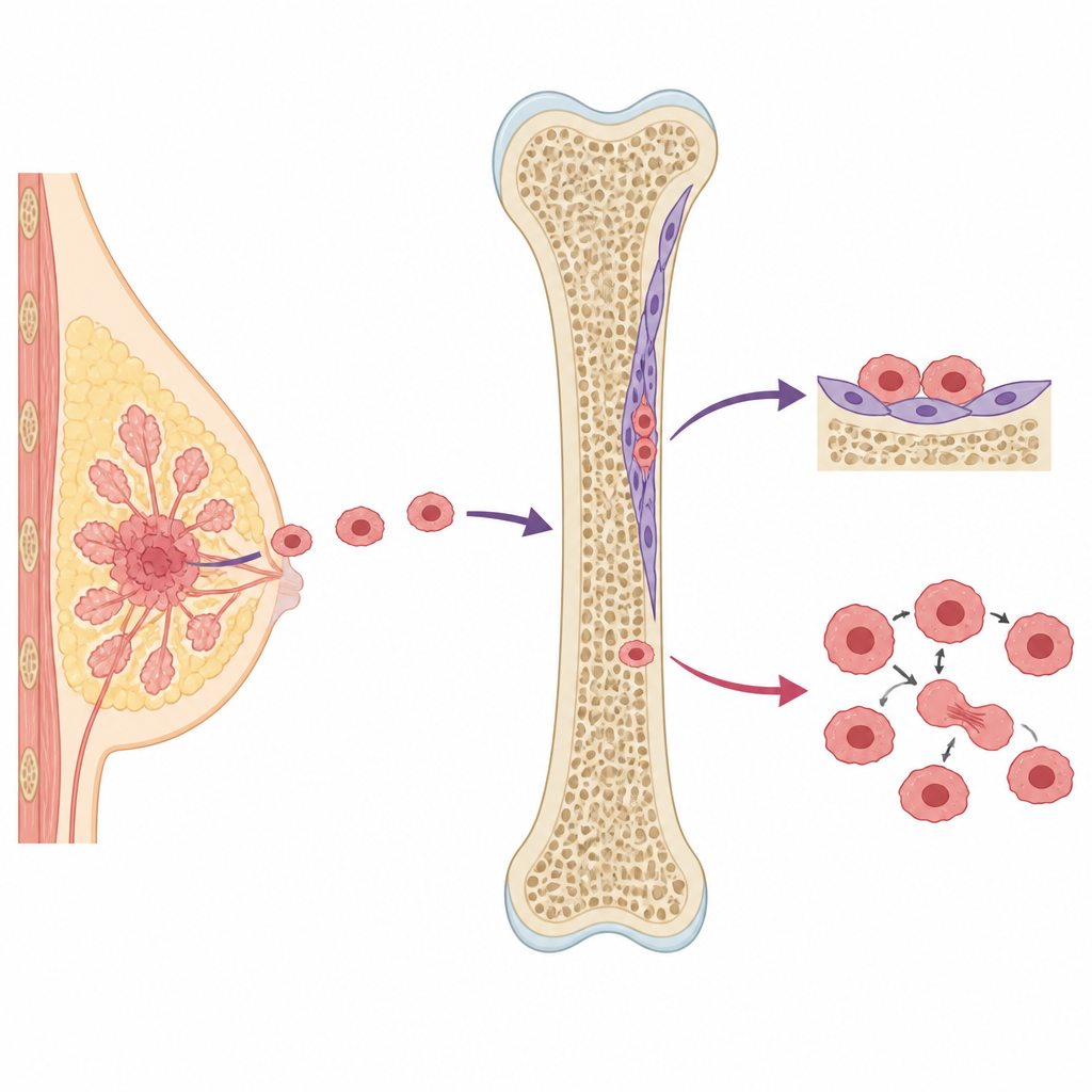 Figure 1. How breast cancer cells travel to bone and become quiet in a protective inner bone niche