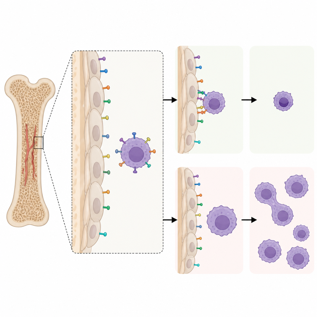 Figure 2. How bone niche cells use surface signals to hold breast cancer cells in a slow, dormant state instead of growing