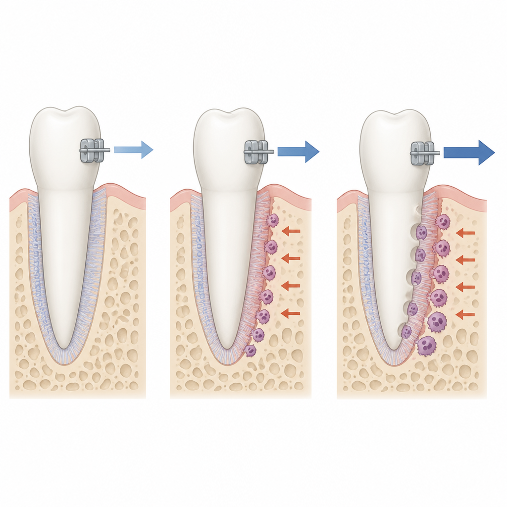 Figure 1. How strong orthodontic force turns healthy tooth roots into sites of damage and resorption over time