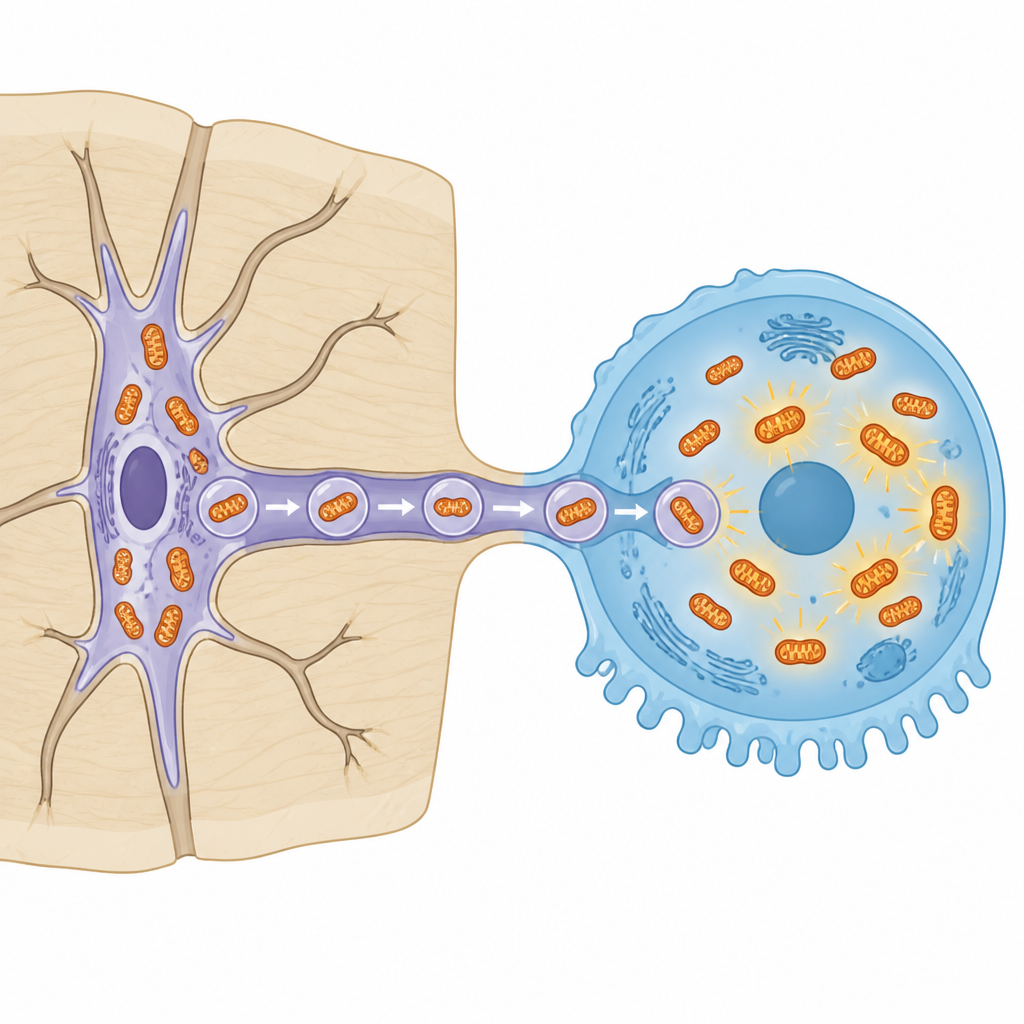 Figure 2. Cementocytes under heavy stress ship mitochondria to osteoclasts, boosting their energy and tooth root erosion